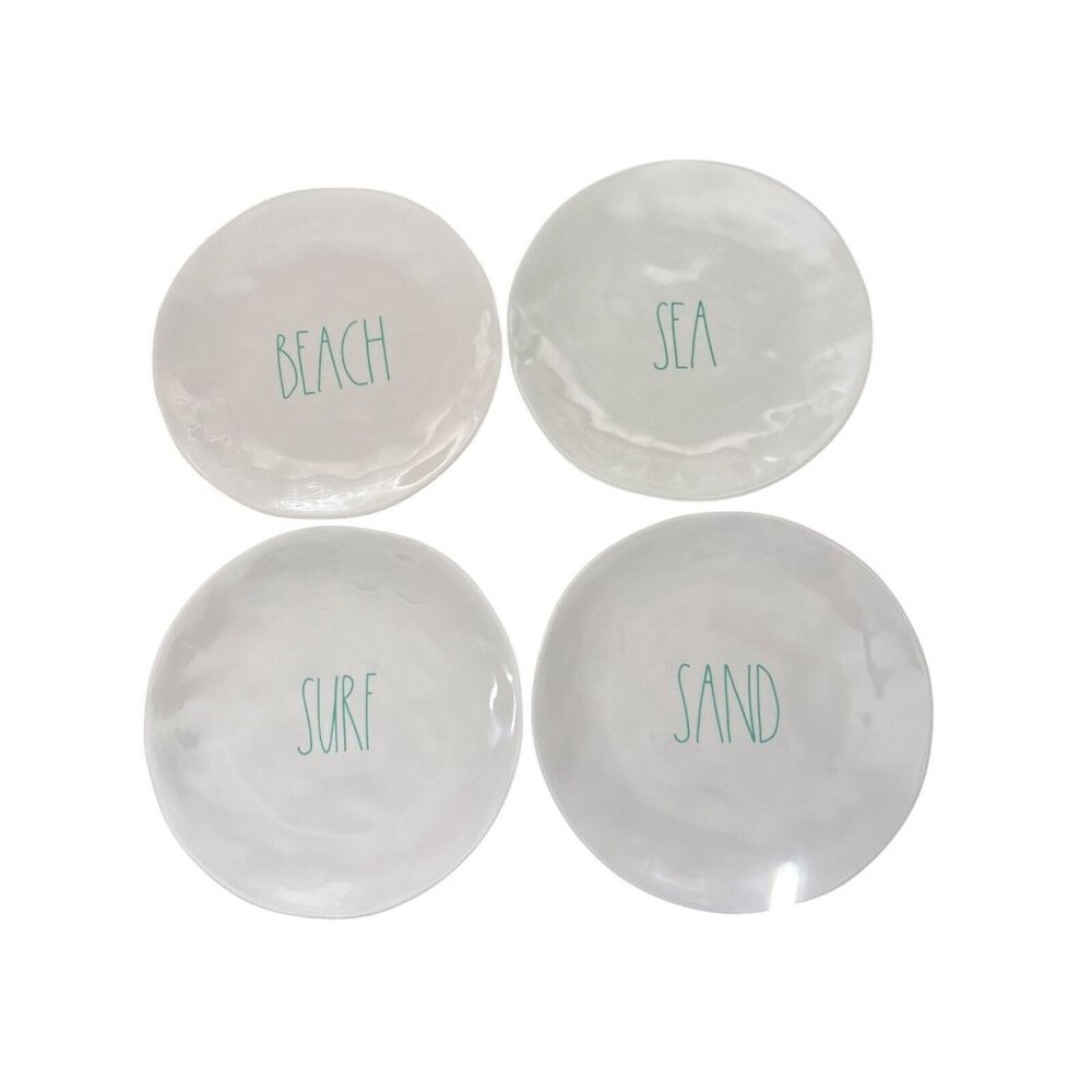 Rae Dunn Artisan Collection by Magenta 10” Ivory & Green Letters Plates Lot of 4